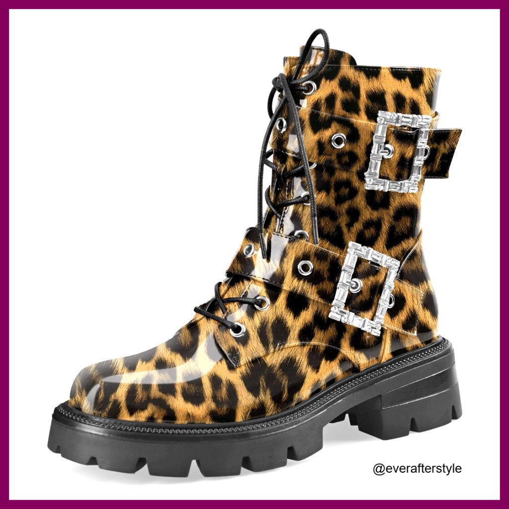 Faux Leather Platform Combat Boots With Lug Sole And Buckle Details